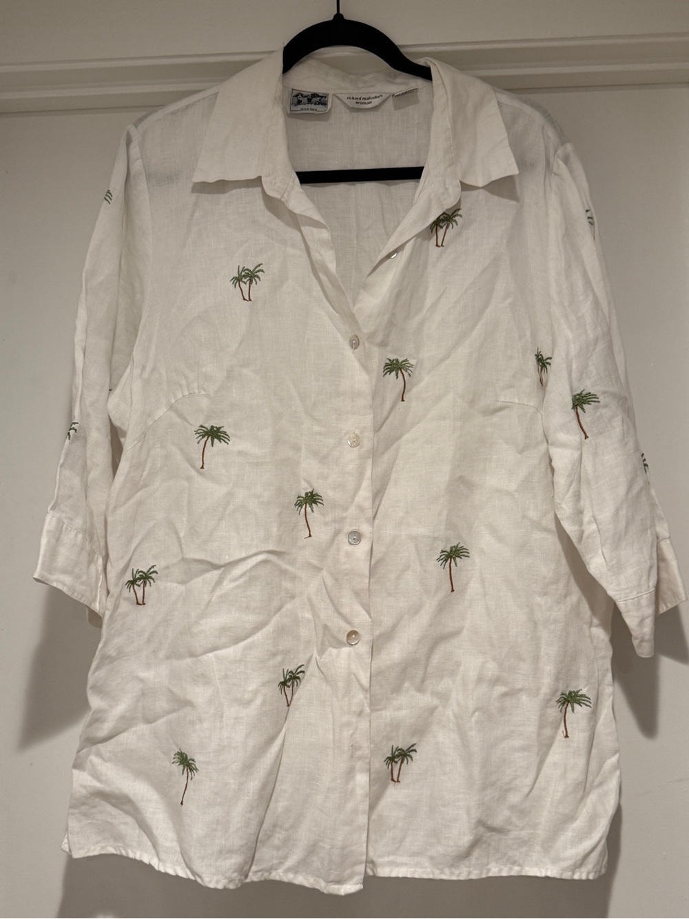 Richard Malcolm Womens 1x White 3/4 Sleeve Linen Blouse Palm Tree Embroidery